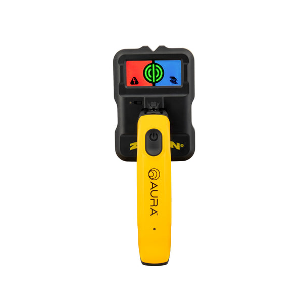 An Aura stud finder with a bright yellow handle and featuring a red, green, and blue display screen, shown against a solid white background.